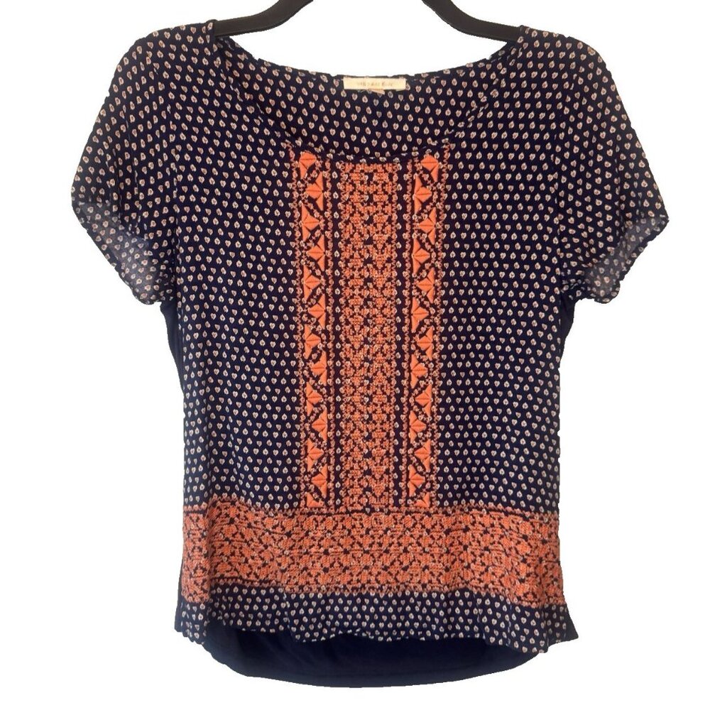 Womens‎ Navy Blue Coral Embroidered Short Sleeve Top Medium Boho Hippie Festival